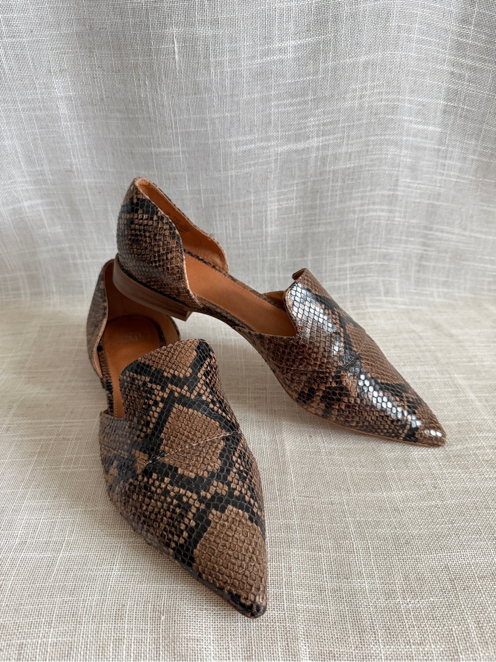 Franco Sarto Brown Snake-Print Pointed D'Orsay Flats